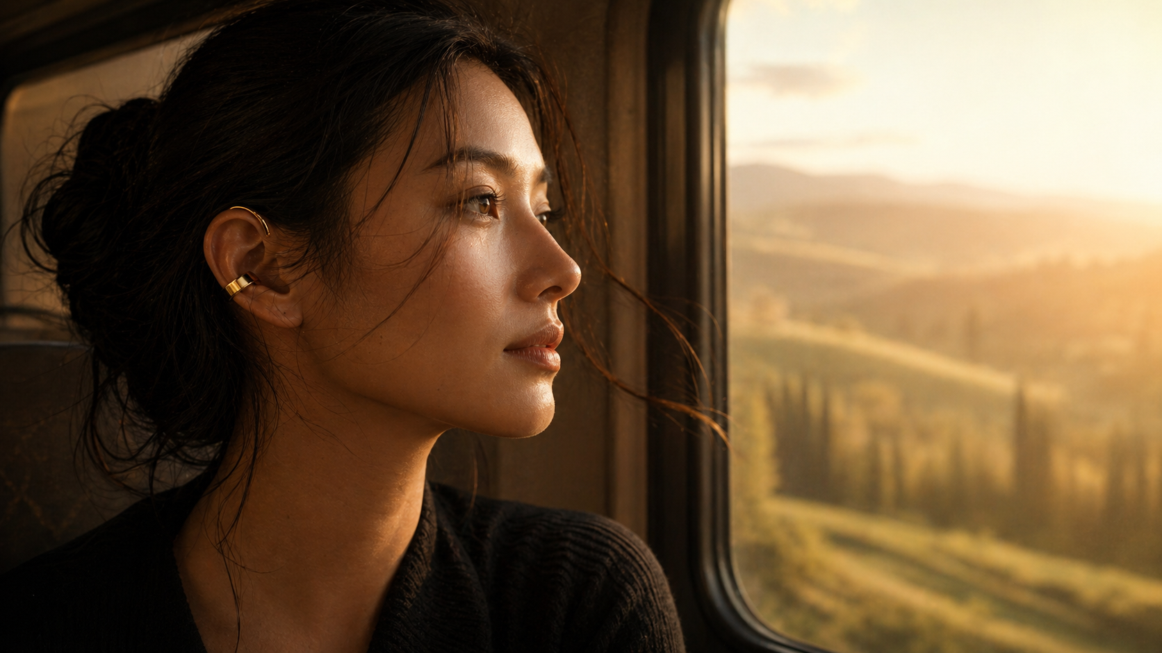 A woman wearing Orí, looking out a train window onto Tuscan hills at sunset