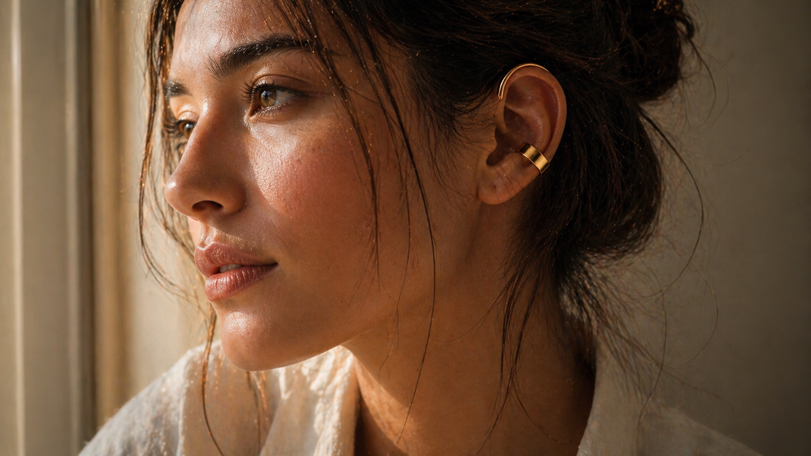 A woman wearing the Orí ear jewel in soft window light